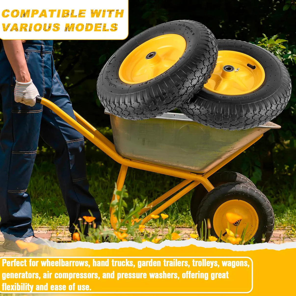 Pneumatic Tire & Wheel Assembly 2-Pack Replacement Wheels 2.80/2.50-4, 13x4.00-6 & 4.80/4.00-8 for Hand Trucks, Wheelbarrows, Carts, Dollies & Garden Trailers