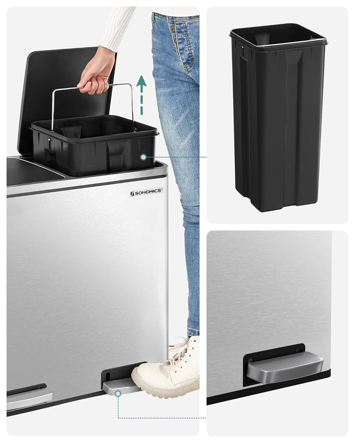 48L Dual Compartment Kitchen Trash Can with Soft Close Lid, Recycling Waste Bin with Pedals and Removable Inner Buckets Silver LTB48NL - with | Sold by Uncle Wiener's Wholesale