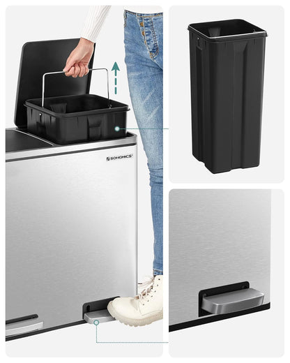 48L Dual Compartment Kitchen Trash Can with Soft Close Lid, Recycling Waste Bin with Pedals and Removable Inner Buckets Silver LTB48NL - with | Sold by Uncle Wiener's Wholesale