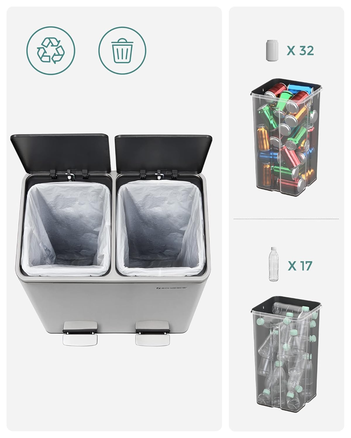 48L Dual Compartment Kitchen Trash Can with Soft Close Lid, Recycling Waste Bin with Pedals and Removable Inner Buckets Silver LTB48NL - with | Sold by Uncle Wiener's Wholesale