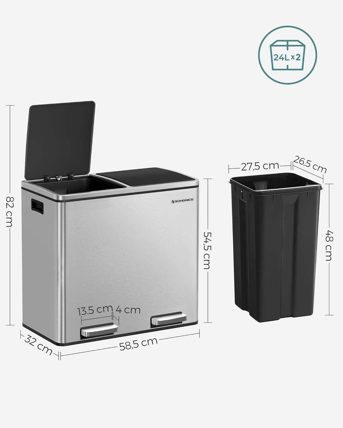 48L Dual Compartment Kitchen Trash Can with Soft Close Lid, Recycling Waste Bin with Pedals and Removable Inner Buckets Silver LTB48NL - with | Sold by Uncle Wiener's Wholesale