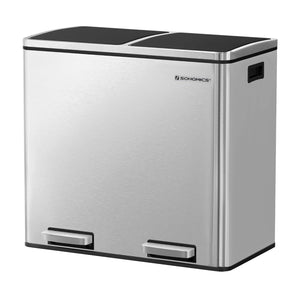 48L Dual Compartment Kitchen Trash Can with Soft Close Lid, Recycling Waste Bin with Pedals and Removable Inner Buckets Silver LTB48NL
