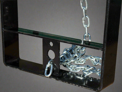 Triple Hay Bale Spears Attachment – Mounted on Loader

49-Inch Spear Fork Attachment – Top View

Bucket Attachment for Hay Bales – Side View

HY49 Red Steel Frame with Spears – Ground Placement

Close-up of Chains and Turnbuckle on Bucket Attachment


