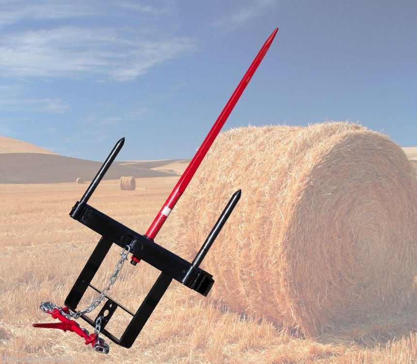 Triple Hay Bale Spears Attachment – Mounted on Loader

49-Inch Spear Fork Attachment – Top View

Bucket Attachment for Hay Bales – Side View

HY49 Red Steel Frame with Spears – Ground Placement

Close-up of Chains and Turnbuckle on Bucket Attachment


