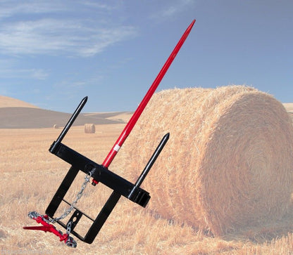 Triple Hay Bale Spears Attachment – Mounted on Loader

49-Inch Spear Fork Attachment – Top View

Bucket Attachment for Hay Bales – Side View

HY49 Red Steel Frame with Spears – Ground Placement

Close-up of Chains and Turnbuckle on Bucket Attachment

