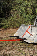 Triple Hay Bale Spears Attachment – Mounted on Loader

49-Inch Spear Fork Attachment – Top View

Bucket Attachment for Hay Bales – Side View

HY49 Red Steel Frame with Spears – Ground Placement

Close-up of Chains and Turnbuckle on Bucket Attachment

