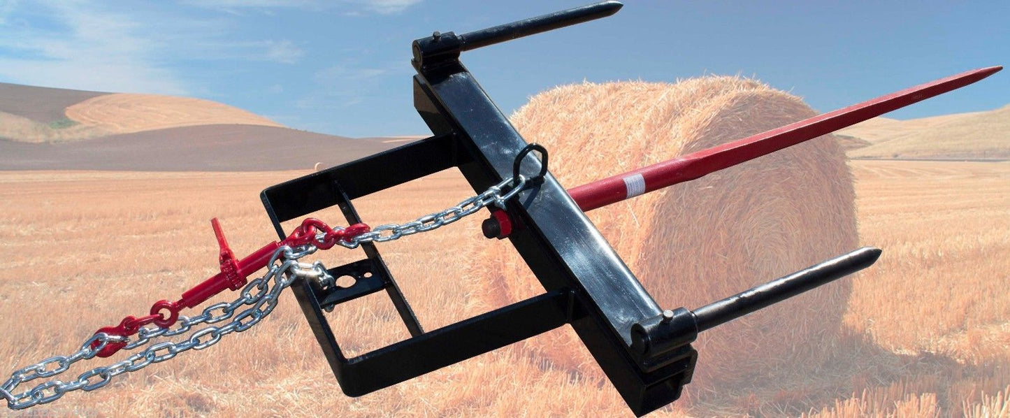 Triple Hay Bale Spears Attachment – Mounted on Loader

49-Inch Spear Fork Attachment – Top View

Bucket Attachment for Hay Bales – Side View

HY49 Red Steel Frame with Spears – Ground Placement

Close-up of Chains and Turnbuckle on Bucket Attachment

