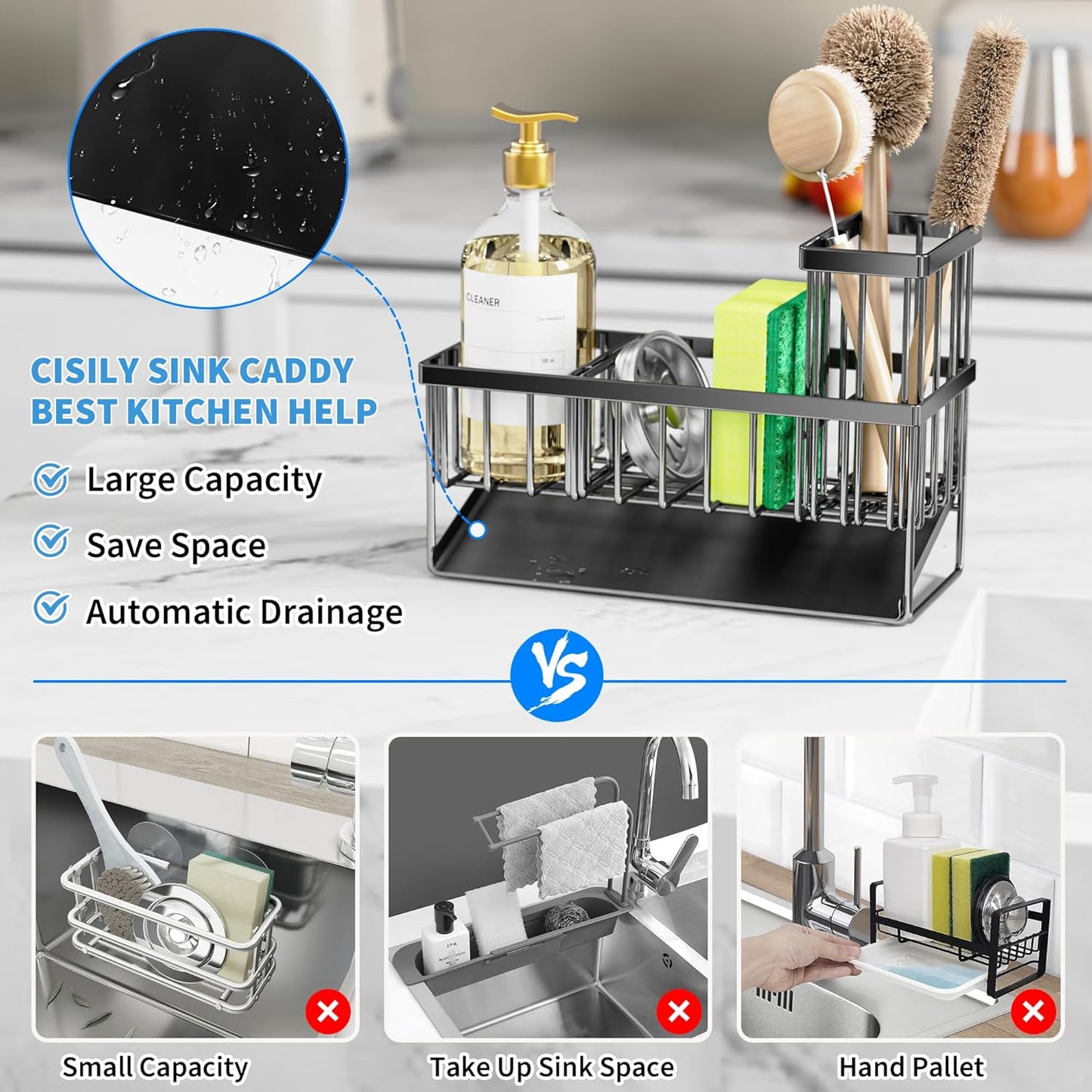 Kitchen Sink Caddy Organizer 9.25" Sponge Holder, Soap Brush Storage Rack &amp; Countertop Dish Tool Organizer S1362