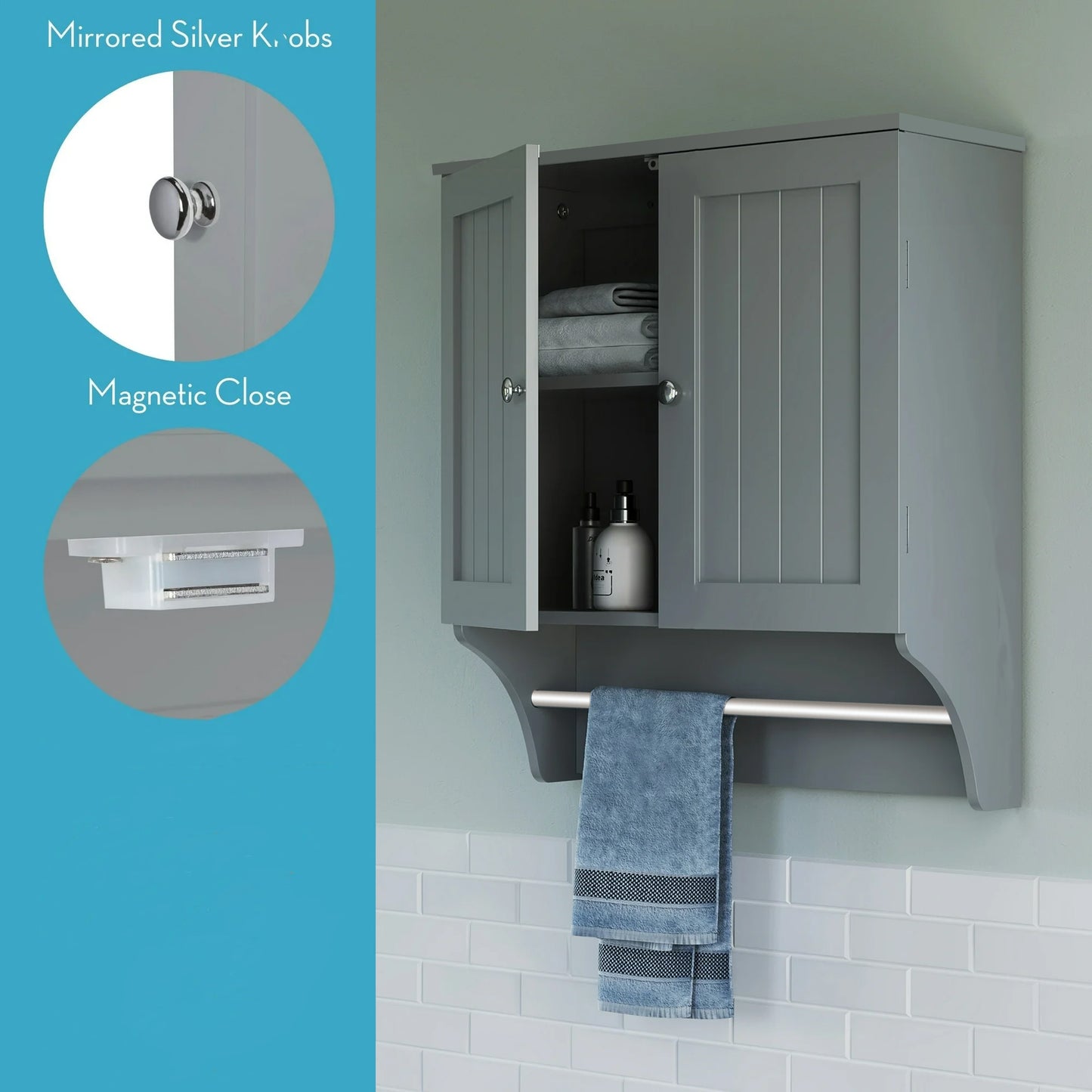 2 Door Bathroom Medicine Cabinet Wall Mounted Storage with Towel Bar White / Grey