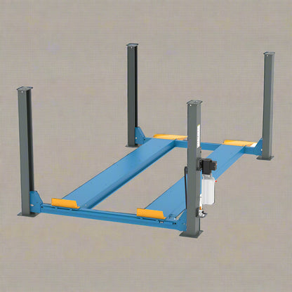 Blue 4-post car lift in a workshop setting

Top-down view of the HFL4065E vehicle lift

Vehicle raised on blue 4-post lift

Hydraulic-powered truck lift hoist

Portable heavy-duty automotive lift with ramps