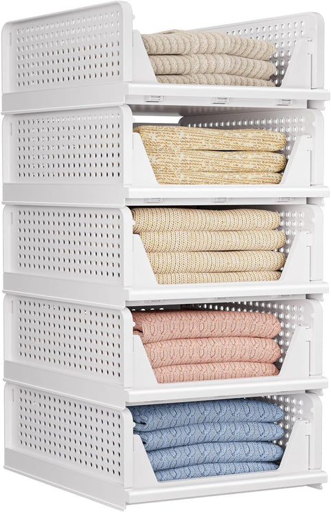 Stacked view of folding closet storage bins for organizing clothes and toys