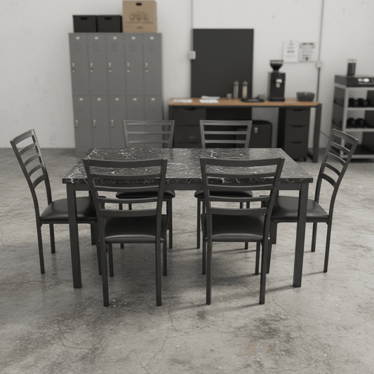 5-Piece & 7-Piece Black Faux Marble Dining Table Set with Cushioned Chairs - Furniture with 5-Piece Set | Sold by Uncle Wiener's Wholesale
