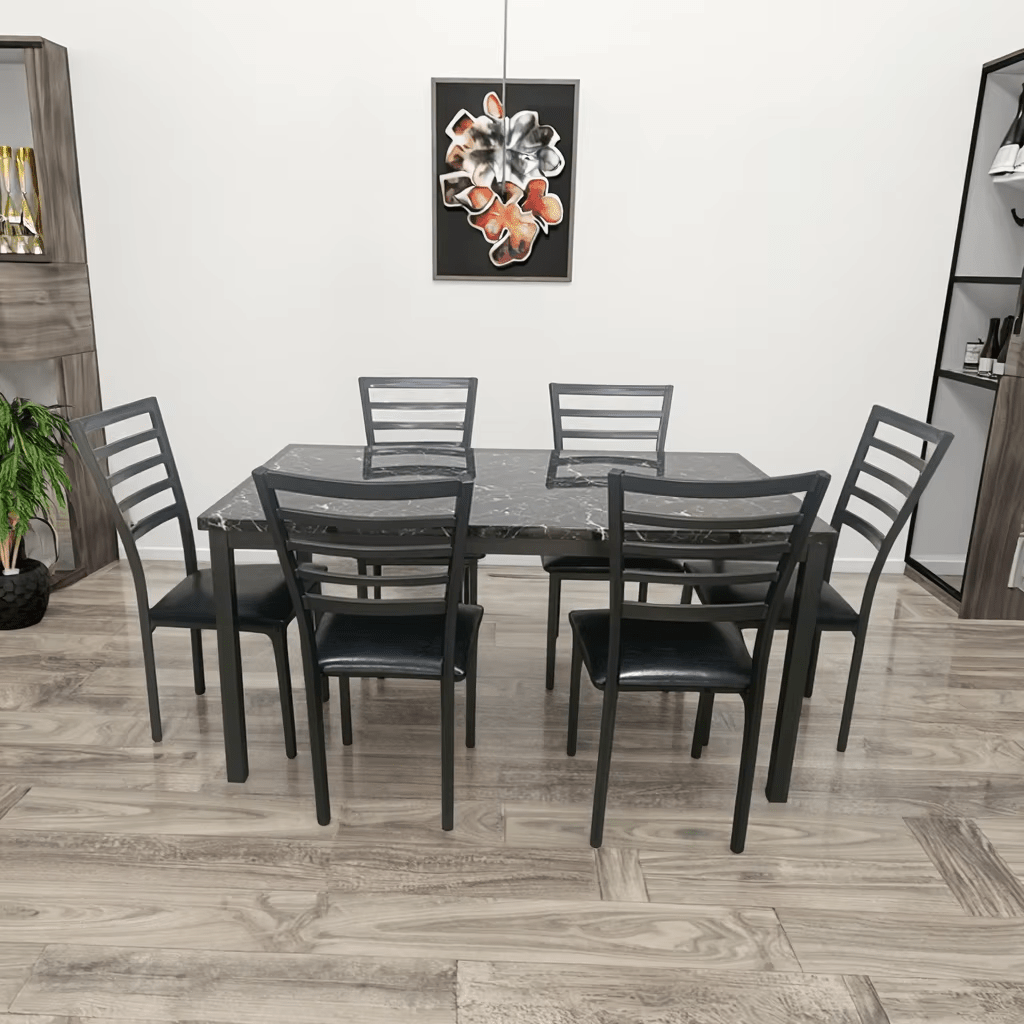 Black faux marble dining table with cushioned chairs – 5-piece set
Modern 7-piece faux marble dining set for home kitchen