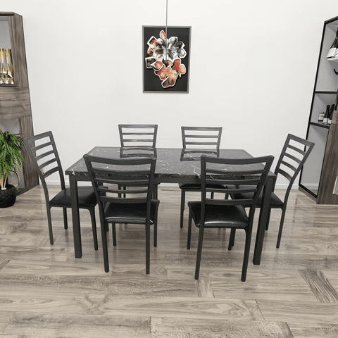 Black faux marble dining table with cushioned chairs – 5-piece set
Modern 7-piece faux marble dining set for home kitchen