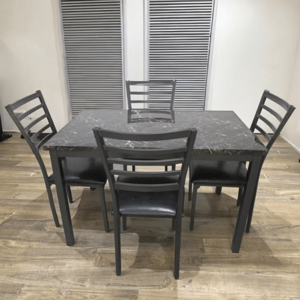 Black faux marble dining table with cushioned chairs – 5-piece set
Modern 7-piece faux marble dining set for home kitchen