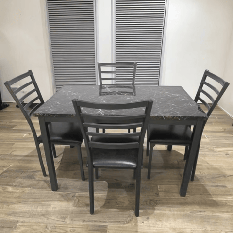 Black faux marble dining table with cushioned chairs – 5-piece set
Modern 7-piece faux marble dining set for home kitchen