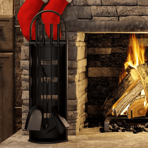 5 - Piece Black Fireplace Tool Set with Stand – Heavy Duty Steel, Minimalist Design 0284812 - with | Sold by Uncle Wiener's Wholesale