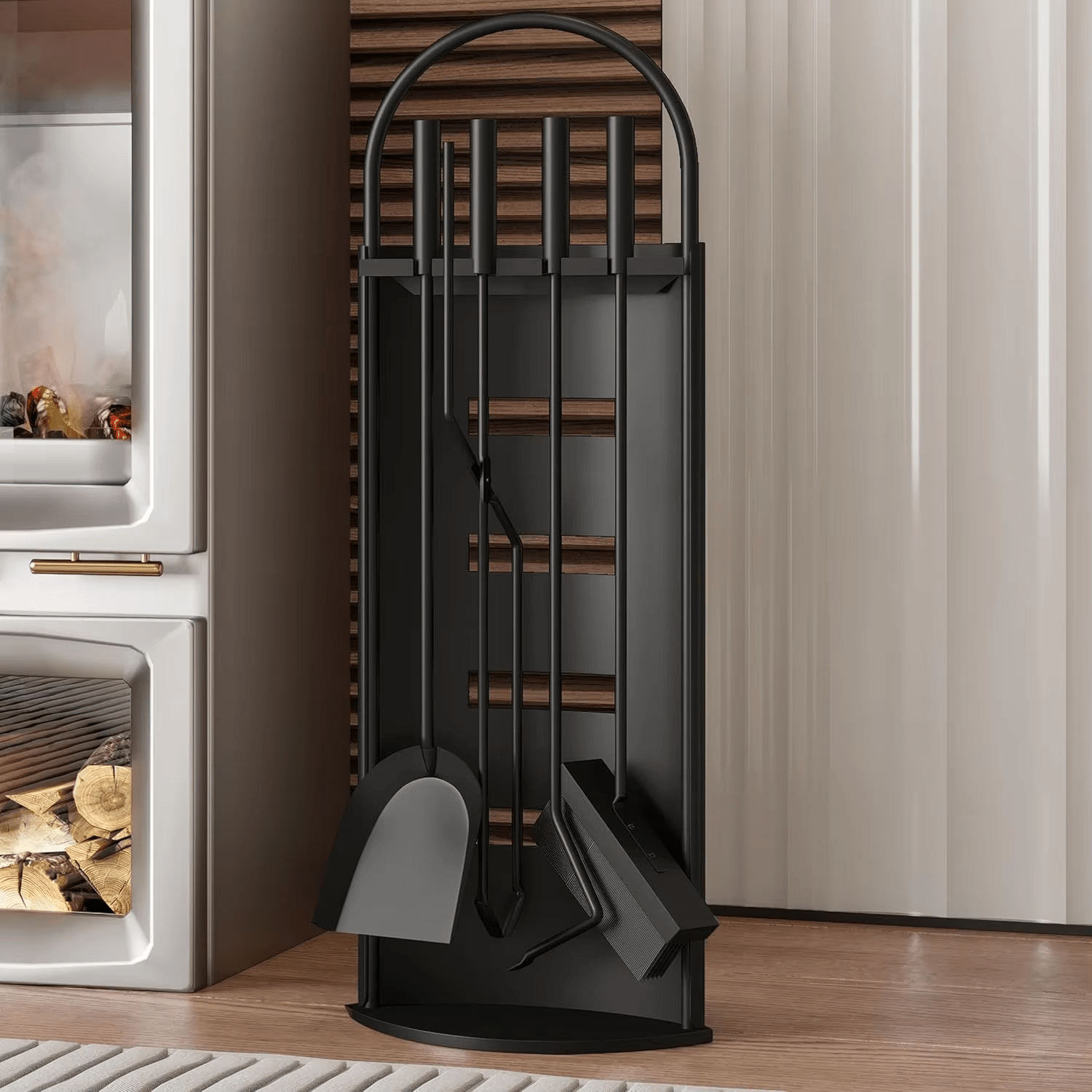 5 - Piece Black Fireplace Tool Set with Stand – Heavy Duty Steel, Minimalist Design 0284812 - with | Sold by Uncle Wiener's Wholesale