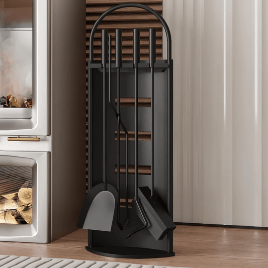 5 - Piece Black Fireplace Tool Set with Stand – Heavy Duty Steel, Minimalist Design 0284812 - with | Sold by Uncle Wiener's Wholesale