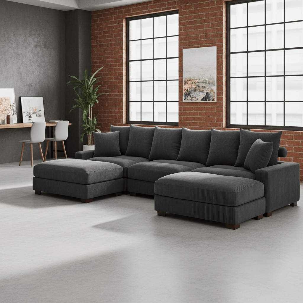 5 - Piece Corduroy Sectional Sofa – U - Shaped Living Room Furniture Set | Dark Gray & Light Gray - Furniture with DARK GRAY BT2528SM | Sold by Uncle Wiener's Wholesale