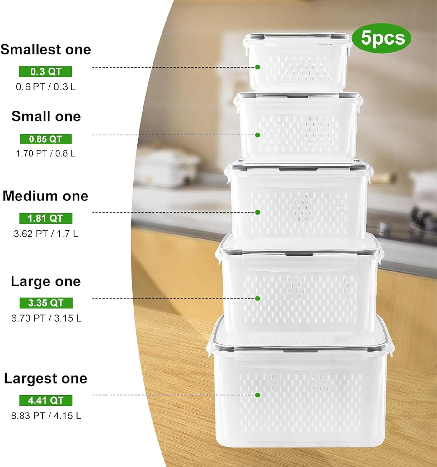 5 - Piece Large Fruit Containers for Fridge with Removable Colander Leakproof Set FC0517 - with | Sold by Uncle Wiener's Wholesale