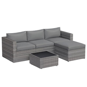5-Piece PE Rattan Outdoor Patio Conversation Set with Cushions, Ottoman & Tempered Glass Coffee Table AMRS355