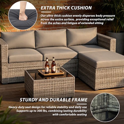 5-Piece PE Rattan Outdoor Patio Conversation Set with Cushions, Ottoman & Tempered Glass Coffee Table AMRS355 - with | Sold by Uncle Wiener's Wholesale
