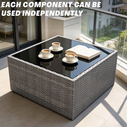 5-Piece PE Rattan Outdoor Patio Conversation Set with Cushions, Ottoman & Tempered Glass Coffee Table AMRS355 - with | Sold by Uncle Wiener's Wholesale