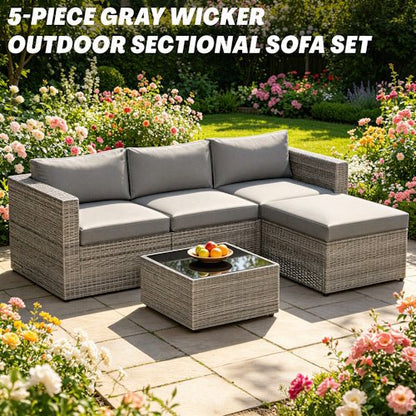 5-Piece PE Rattan Outdoor Patio Conversation Set with Cushions, Ottoman & Tempered Glass Coffee Table AMRS355 - with | Sold by Uncle Wiener's Wholesale