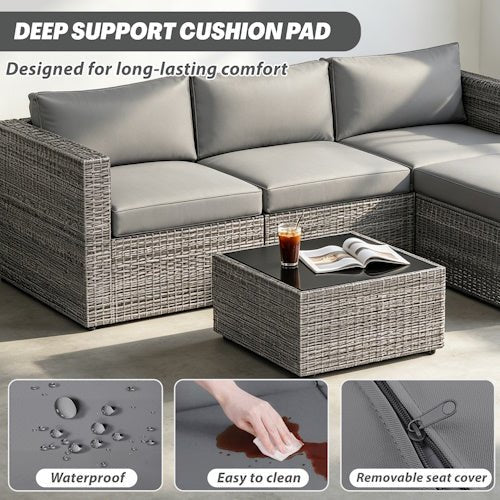 5-Piece PE Rattan Outdoor Patio Conversation Set with Cushions, Ottoman & Tempered Glass Coffee Table AMRS355 - with | Sold by Uncle Wiener's Wholesale