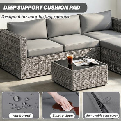 5-Piece PE Rattan Outdoor Patio Conversation Set with Cushions, Ottoman & Tempered Glass Coffee Table AMRS355 - with | Sold by Uncle Wiener's Wholesale