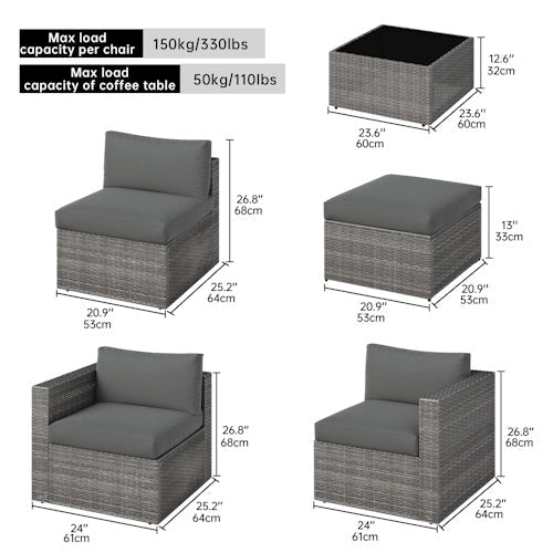 5-Piece PE Rattan Outdoor Patio Conversation Set with Cushions, Ottoman & Tempered Glass Coffee Table AMRS355 - with | Sold by Uncle Wiener's Wholesale