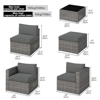 5-Piece PE Rattan Outdoor Patio Conversation Set with Cushions, Ottoman & Tempered Glass Coffee Table AMRS355 - with | Sold by Uncle Wiener's Wholesale