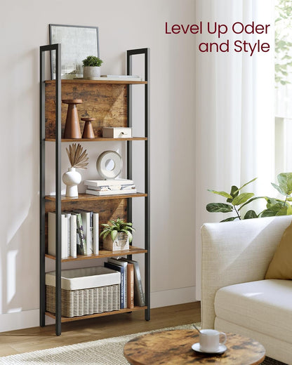 5 Tier Bookshelf, Industrial Bookcase with Steel Frame, Open Display Storage Shelf for Living Room, Home Office and Bedroom Rustic Brown and Ink Black LLS025B01 - with | Sold by Uncle Wiener's Wholesale