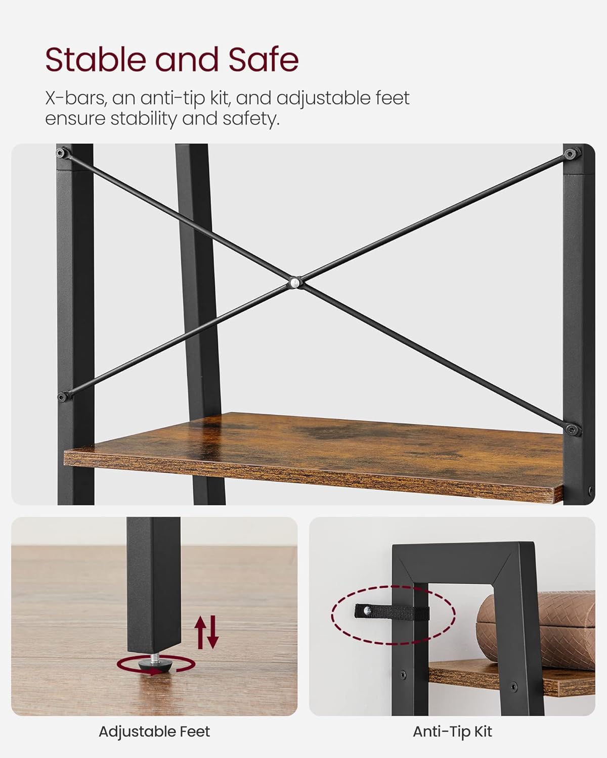 5 Tier Ladder Shelf Bookcase, Industrial Bookshelf, Open Storage Rack with Steel Frame for Living Room, Home Office, Kitchen and Bedroom Rustic Brown and Matte Black LLS45X - with | Sold by Uncle Wiener's Wholesale