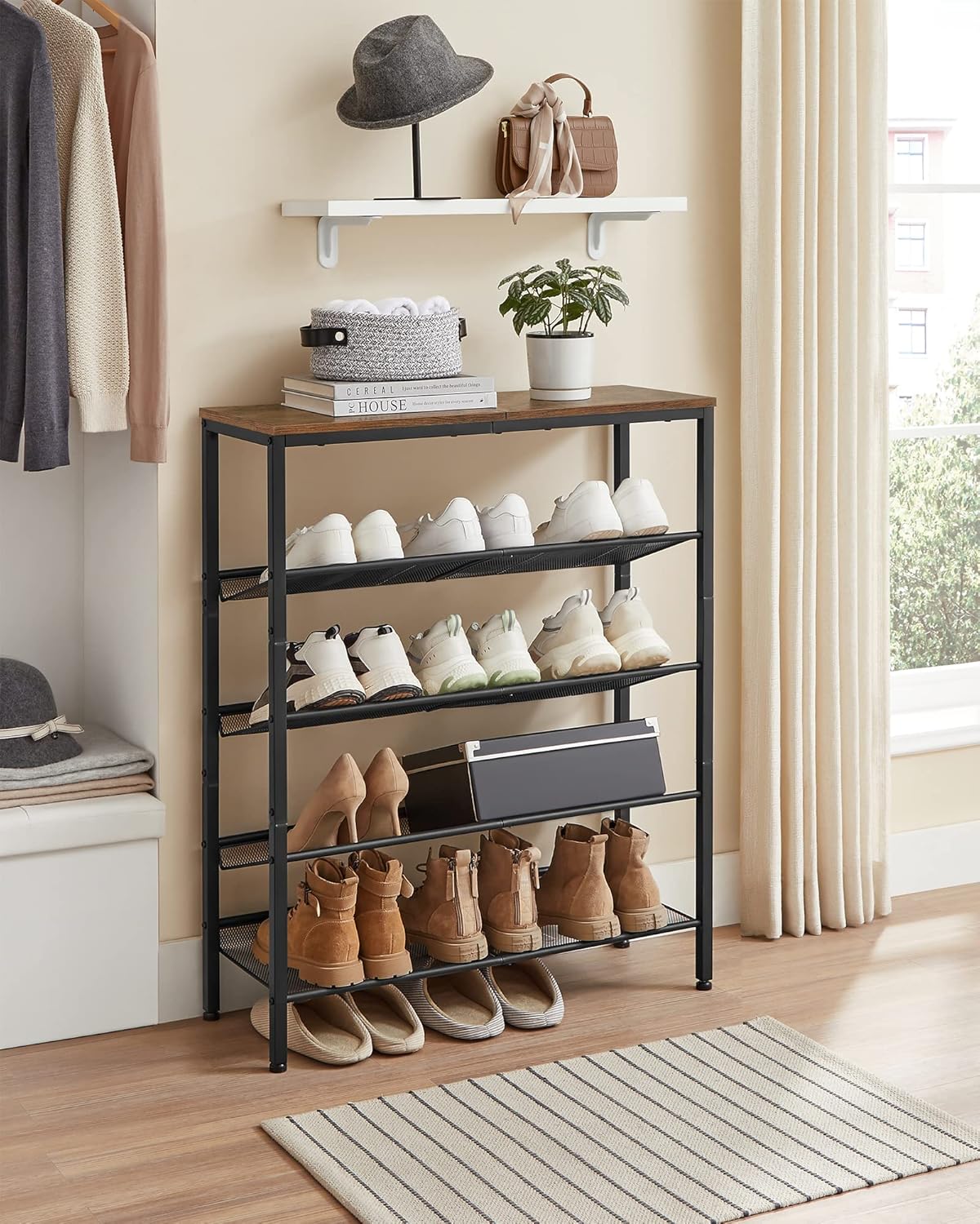 5 Tier Shoe Rack Organizer with Adjustable Storage Shelves and Top Display Shelf, Industrial Entryway Shoe Storage Stand for 16-20 Pairs Rustic Brown and Ink Black LBS038B01 - with | Sold by Uncle Wiener's Wholesale