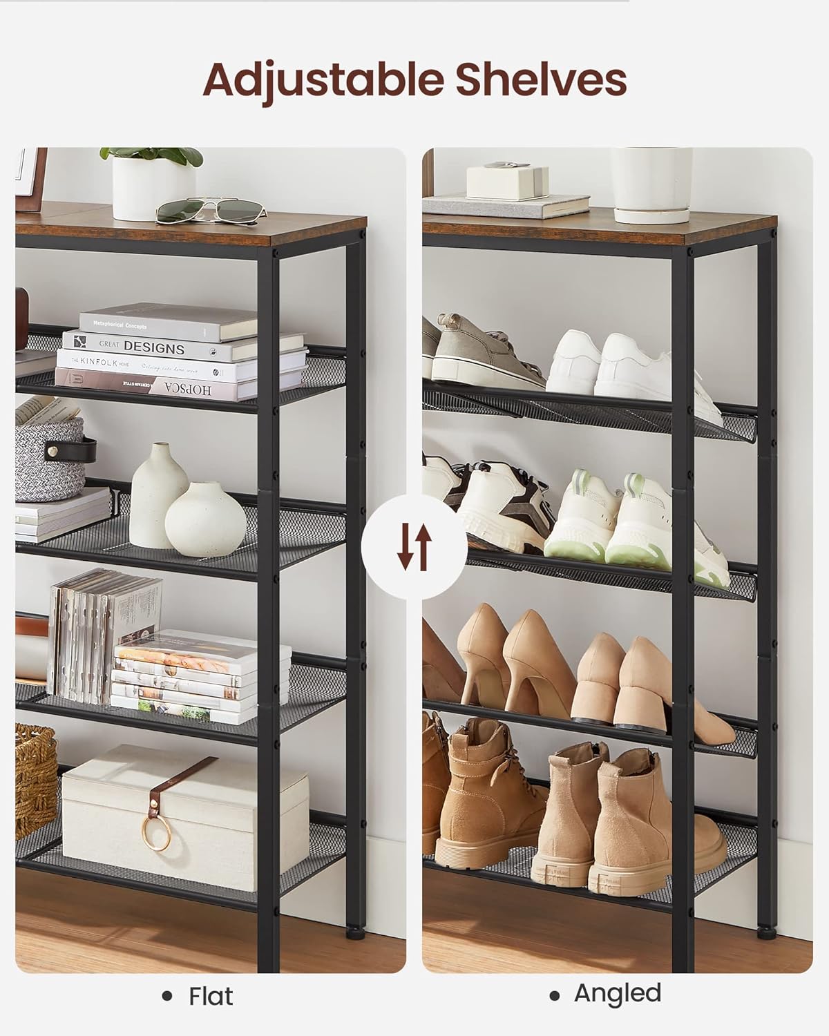 5 Tier Shoe Rack Organizer with Adjustable Storage Shelves and Top Display Shelf, Industrial Entryway Shoe Storage Stand for 16-20 Pairs Rustic Brown and Ink Black LBS038B01 - with | Sold by Uncle Wiener's Wholesale