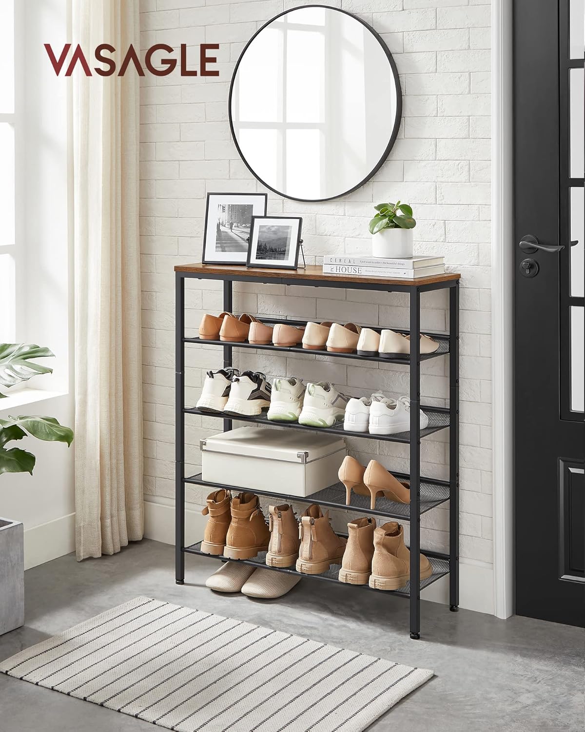 5 Tier Shoe Rack Organizer with Adjustable Storage Shelves and Top Display Shelf, Industrial Entryway Shoe Storage Stand for 16-20 Pairs Rustic Brown and Ink Black LBS038B01 - with | Sold by Uncle Wiener's Wholesale