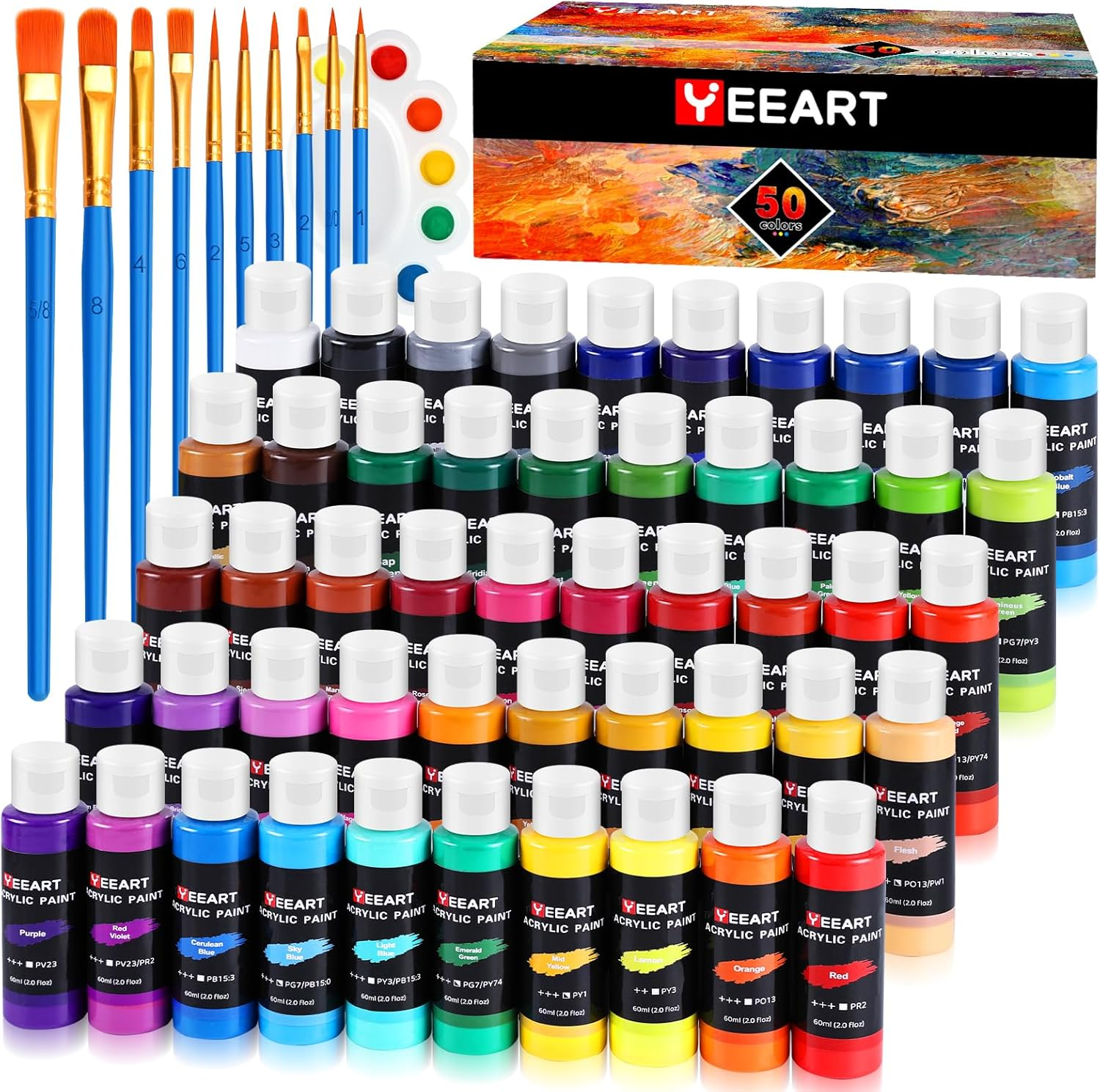 50 Color Acrylic Paint Set 60ml Bottles with Brushes and Tray AAP050D - with | Sold by Uncle Wiener's Wholesale