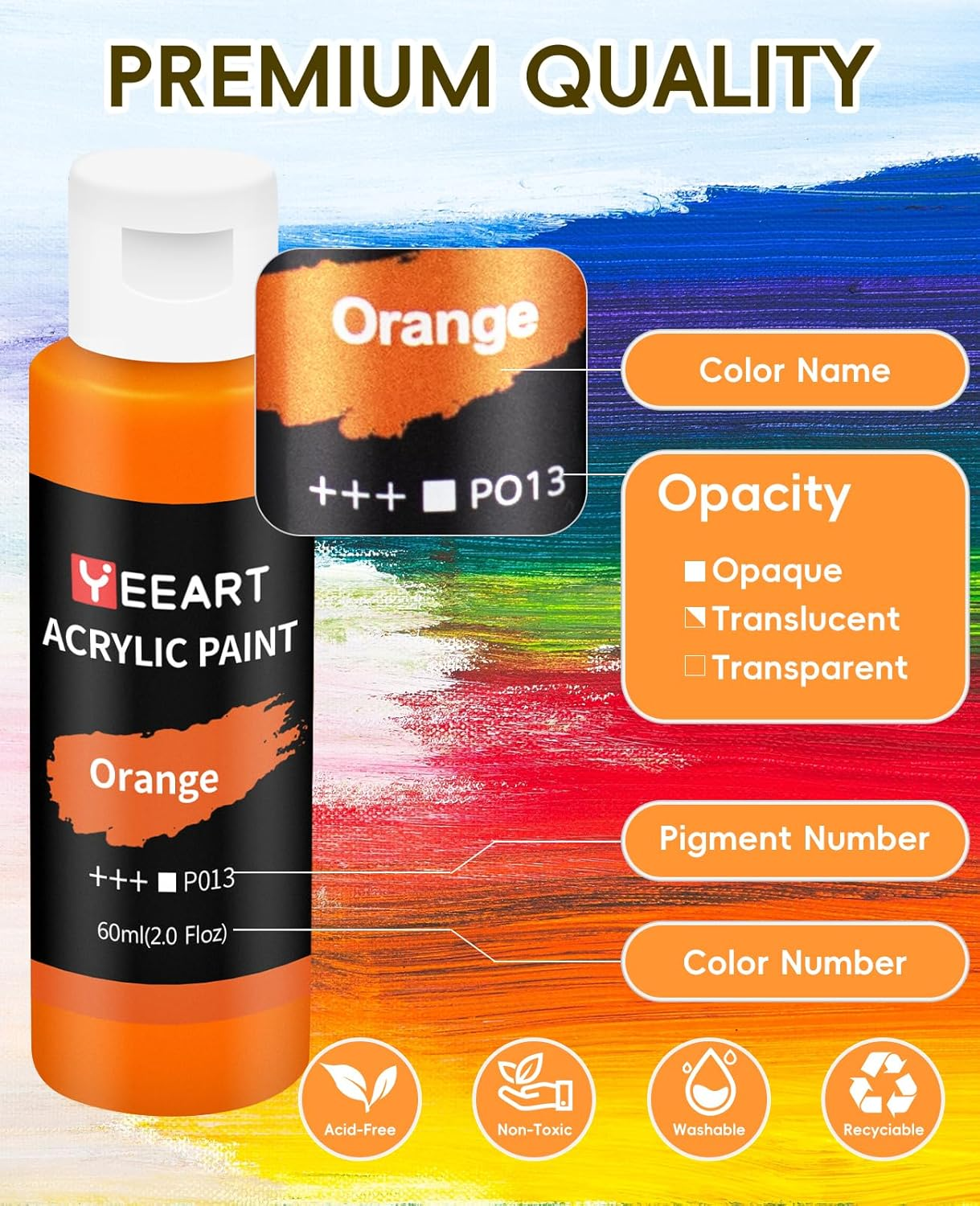 50 Color Acrylic Paint Set 60ml Bottles with Brushes and Tray AAP050D - with | Sold by Uncle Wiener's Wholesale