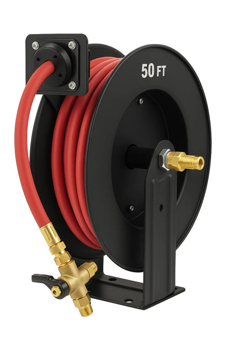 50 FT Heavy - Duty Air Hose Reel 3/8" | Steel Mount & Brass Valve | S1162 - with | Sold by Uncle Wiener's Wholesale