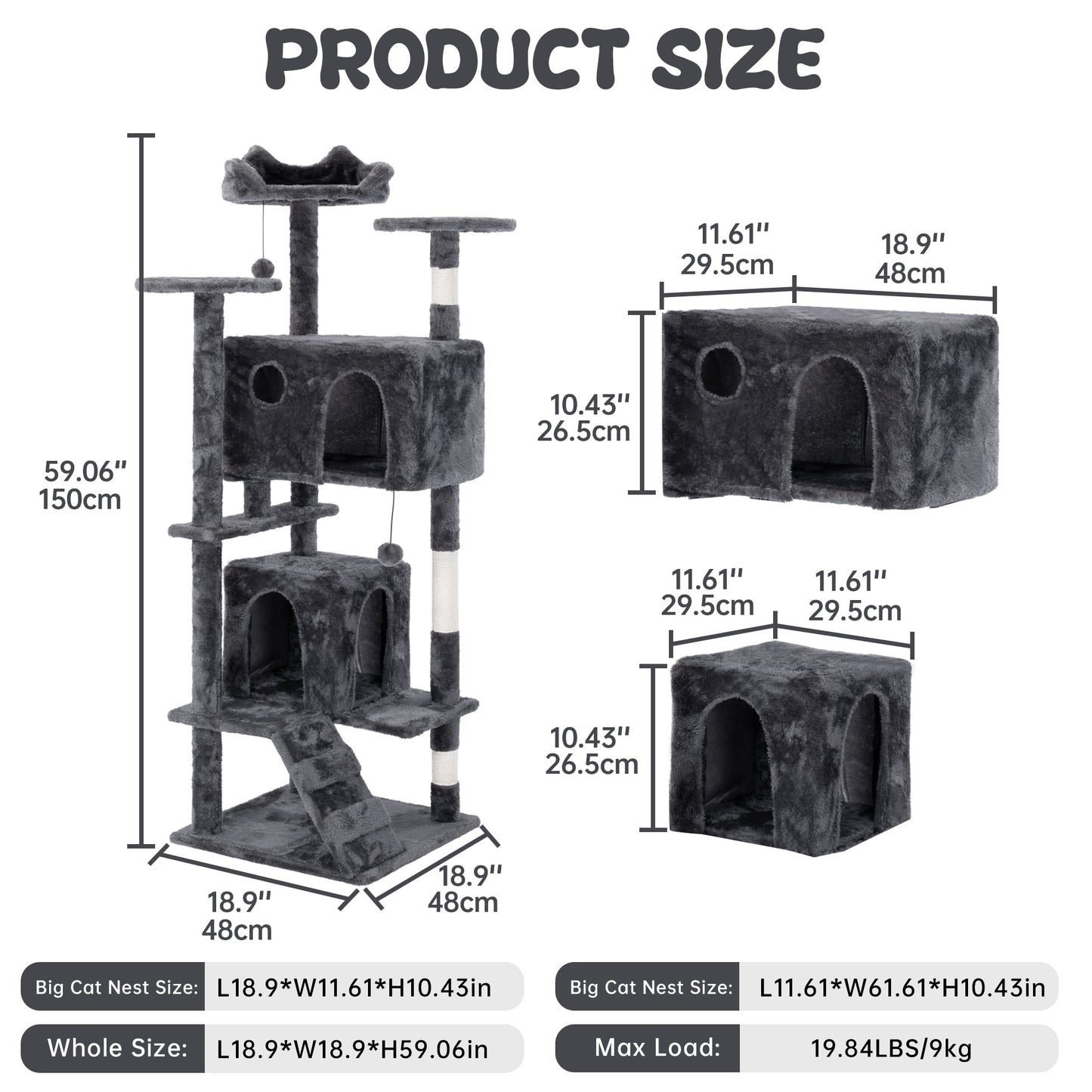 50" Multi-Level Cat Tree Tower Condo Scratching Post with Platforms & Hideaway Grey AMCT788 - with | Sold by Uncle Wiener's Wholesale