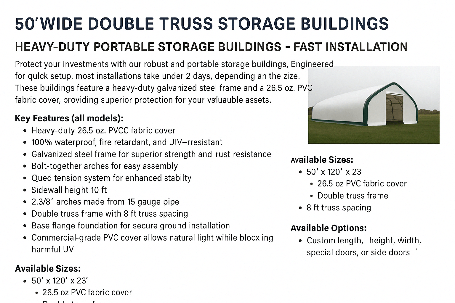 50′ Wide Double Truss Storage Buildings – Heavy - Duty PVC Shelter - Portable Industrial Storage Building with 8FT Truss spacing Upgrade 50X120X23 | Sold by Uncle Wiener's Wholesale