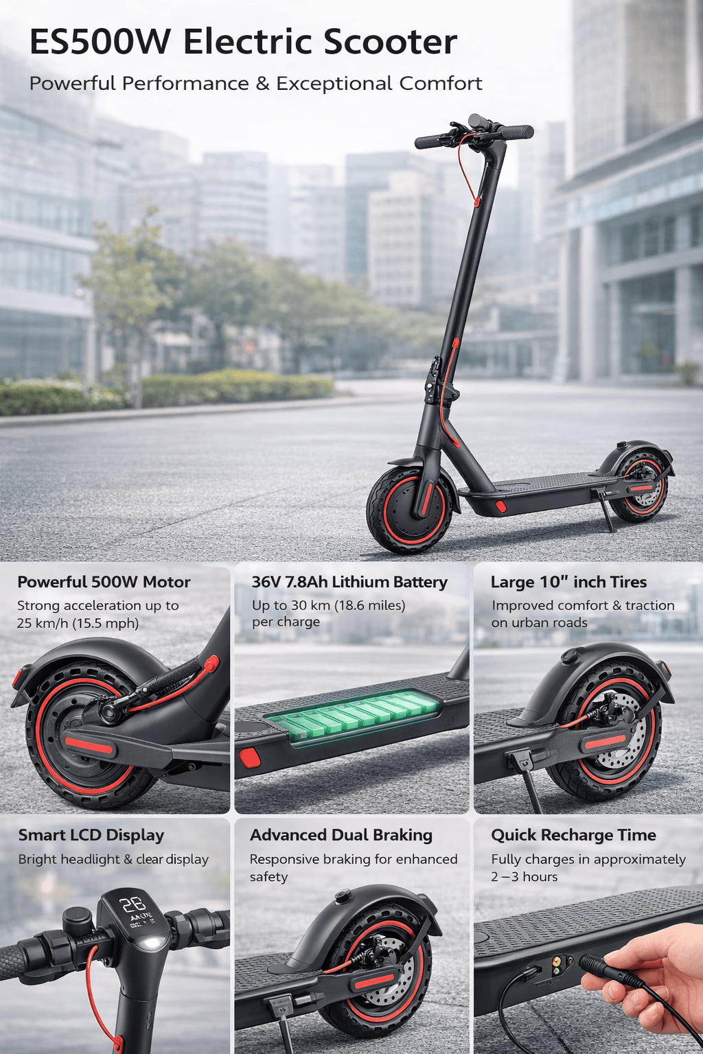 500W Electric Scooter 10 in Tires 36V 7.8Ah Battery 25 km/h Max Speed ES500W - with | Sold by Uncle Wiener's Wholesale