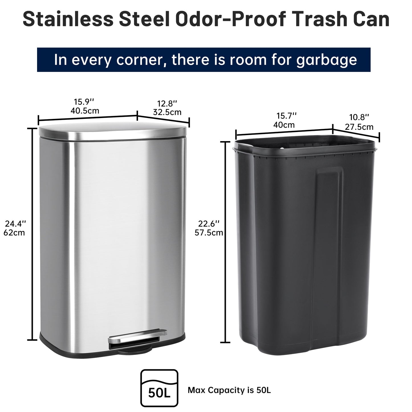 50L Stainless Steel Step Trash Can with Inner Bucket – Soft - Close, Fingerprint - Resistant Kitchen Bin AMTC550B - with | Sold by Uncle Wiener's Wholesale