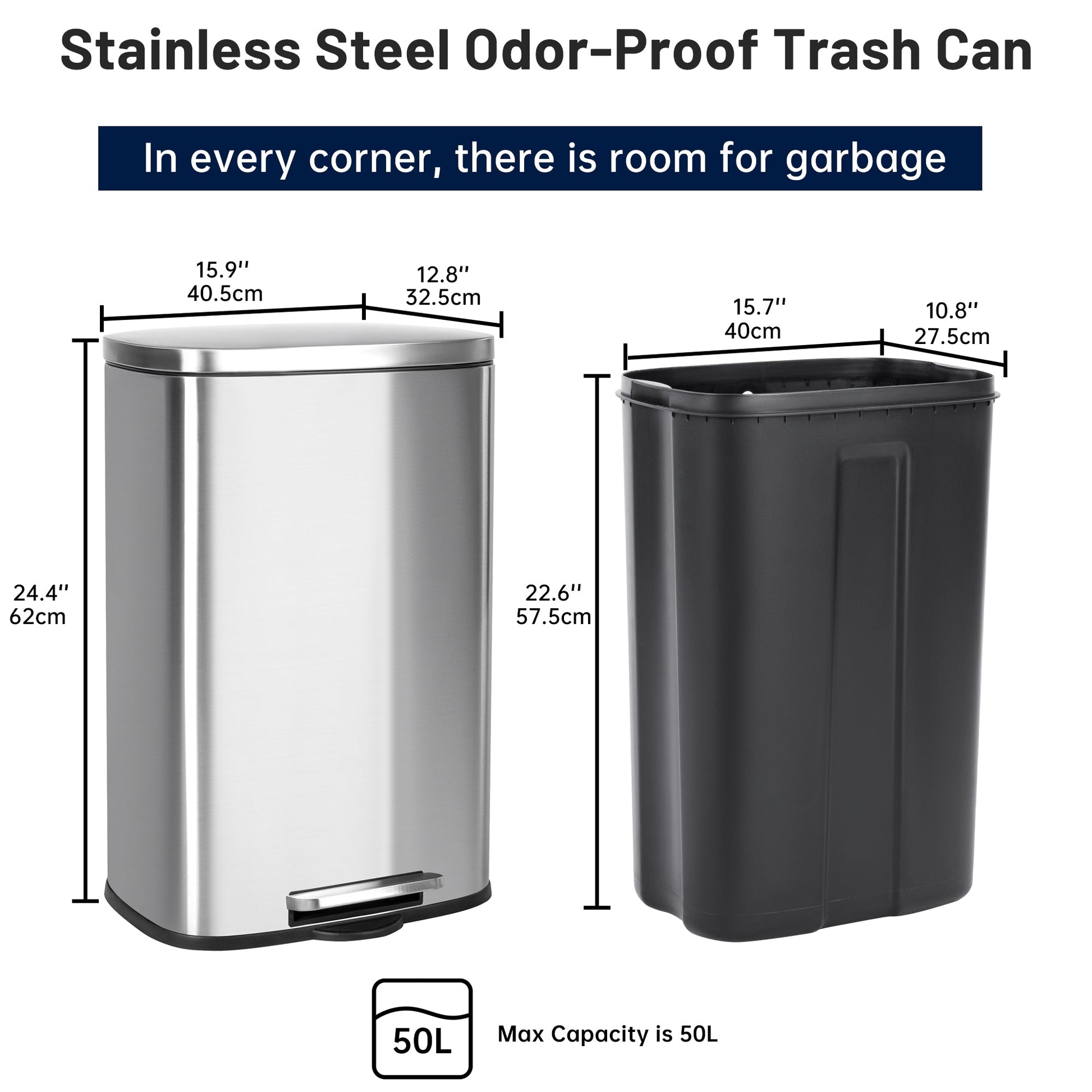 50L Stainless Steel Step Trash Can with Inner Bucket – Soft - Close, Fingerprint - Resistant Kitchen Bin AMTC550B - with | Sold by Uncle Wiener's Wholesale
