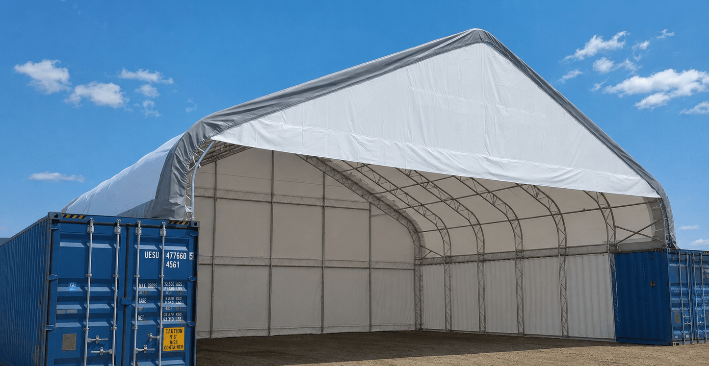 50x40 & 50x80 FT Double Truss Fabric Storage Buildings – Heavy - Duty PVC Container Shelters - General Equipment with 50x40 White & Gray 22 OZ Pvc Open Front Solid Back | Sold by Uncle Wiener's Wholesale