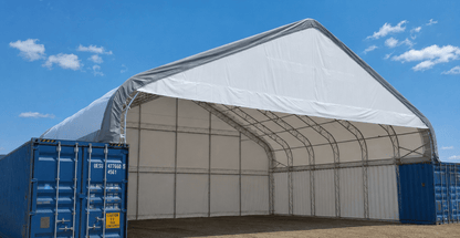50x40 & 50x80 FT Double Truss Fabric Storage Buildings – Heavy - Duty PVC Container Shelters - General Equipment with 50x40 White & Gray 22 OZ Pvc Open Front Solid Back | Sold by Uncle Wiener's Wholesale