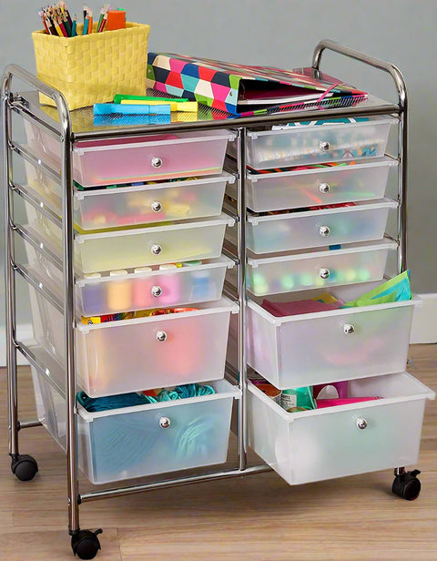 2-drawer rolling cart organizer front view
12-drawer storage trolley side angle
caster wheel for mobile cart
drawer organizer with supplies
rolling cart used in home office or studio