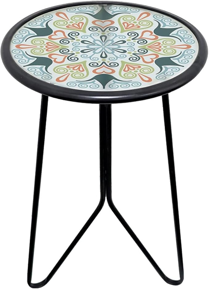 Liffy 12-Inch Round Patio Side Table – Decorative Glass Top Metal Outdoor Accent Table & Plant Stand for Garden, Balcony, Living Room & Bedroom